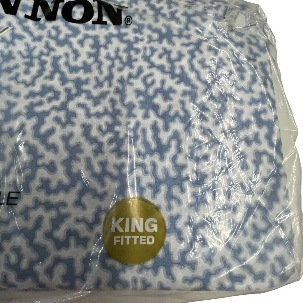 Vintage Cannon Two Hundred White‎ Blue Coral Print King Fitted Sheet 200 TC